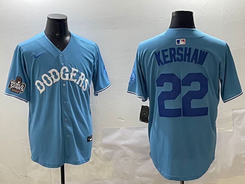 Men Los Angeles Dodgers #22 Kershaw Light Blue Joint Name 2025 Nike MLB Jersey style 15
